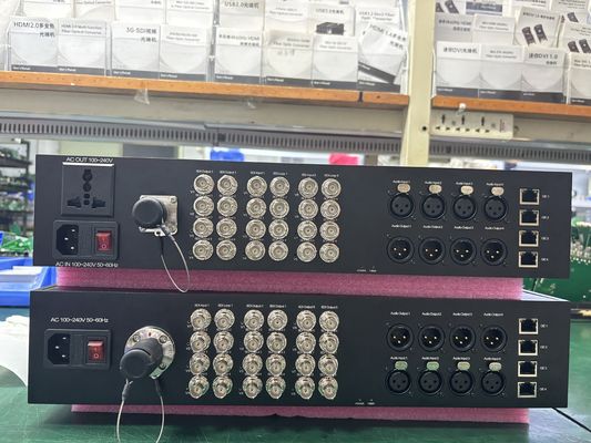 Китай 12-канальный оптоволоконный преобразователь 12G-SDI + 4-канальный балансный аудио XLR + 4-канальный Ethernet 1 Гбит/с, с разъемом SMPTE для оптоволокна для передачи поставщик